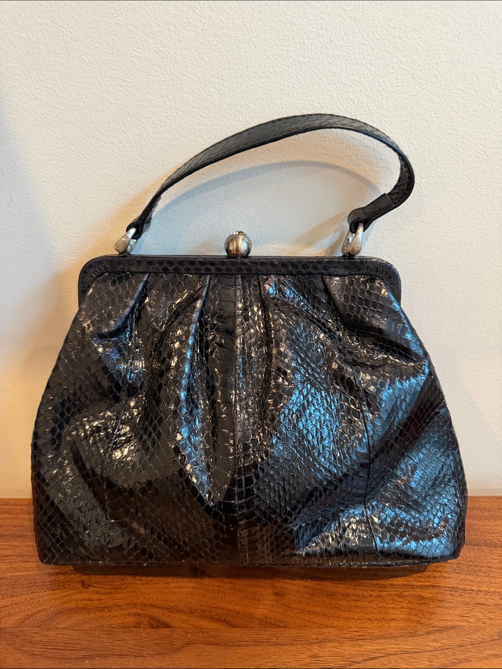 Francesco Biasia Black Snake-Embossed Frame Handle Bag